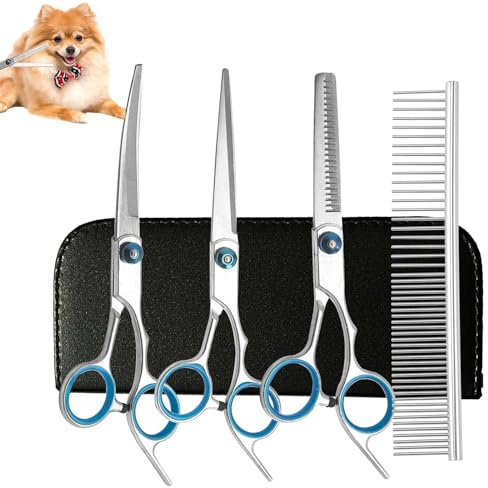 4 Stück Hundeschere,Hundescheren Set,Schere Hundehaare Schneiden,Hundeschere Gebogen,Effilierschere Hund,Fellschere Hunde,Für Hunde Katzen Haustiere Mit Schneiden Schere,Verdünnung Schere,Pflege Kamm