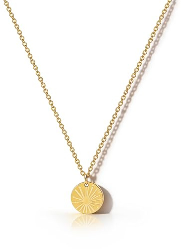 HANLI Sun Necklace for Women 14k Gold Plated Dainty Disc Sun Pendant Gold Coin Necklace Minimalist Simple Jewelry