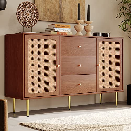 RIAZOS Kommode mit 2 Türen und 3 Schubladen, Rattan Türkommoden mit Schubkasten, Verstellbare Ablage, für Wohnzimmer Schlafzimmer, Nussbaum H90/B150/T40 cm