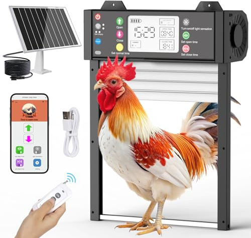 SARELLIT Automatische Hühnerklappe Solar mit TUYA App & Fernbedienung, Echtzeit-Status, per USB-Aufladbar, WLAN Auto-Reconnect, Timer & Lichtsensor, Klemmschutz, 4000mAh Batterie