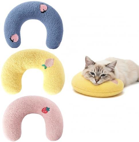 JcvPot 3 Stück Baldrian Kissen Für Katzen, Katzenminze Kissen Mit Beruhigender Wirkung, U-förmige Haustierkissen Für Kleine Hunde Und Katzen, Blau Pink Gelb