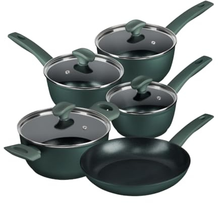 Prestige Earth Friendly Non-Stick Induction Cookware Set – 5-Piece, 24cm Frying Pan, 3 Piece Saucepan Set & Stockpot, Non-Toxic, Plant Based Coating, Made in Italy, Green