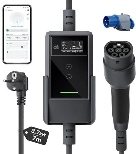 dé Chargeur Voiture Electrique APP 3,7kW [7m, 6-16A] Cable Recharge Voiture Electrique avec Support Mural, Chargeur Type 2 Numérique LCD, Compatible avec E-208, Model Y, E-Tech et Autres EV/PHEV