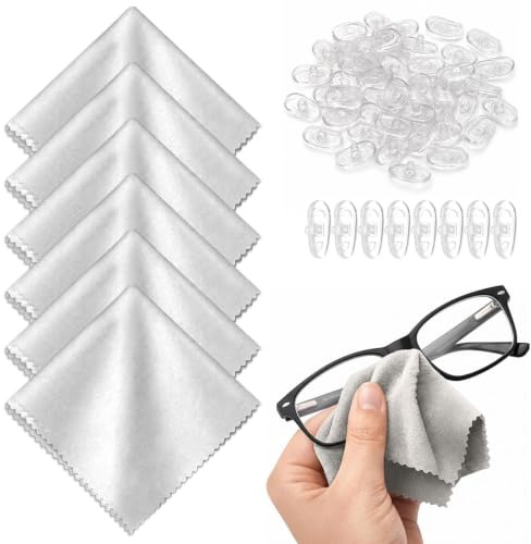 Androxeda 40 Paños de Microfibra para Gafas Grises y 25 Almohadillas para la Nariz de Silicona, Paño para Limpiar Lentes, Kit de Mantenimiento para Gafas, Gafas de Sol y Lentes de Contacto