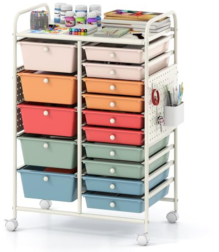 COSTWAY Carro de Almacenamiento con 14/15 Cajones, Carrito Auxiliar de Plástico con Tablero Perforado, Ruedas con Freno, Estructura de Metal, Organizador Rodante para Hogar Oficina (Macaron,15)
