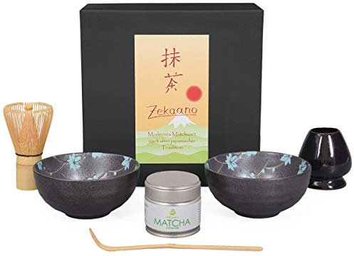 Aricola Matcha-Set 6-teilig, bestehend aus 2 Matchaschalen anthrazit/blau, Matchalöffel, Matchabesen, schwarzer Besenhalter und 30g Premium Matcha in Geschenkbox.