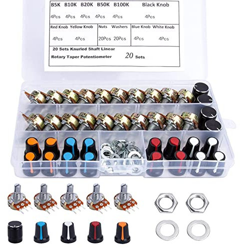 QIMEI-SHOP Lineares Potentiometer DrehPotentiometer 5K 10K 20K 50K 100K Ohm Potentiometer-Set 3 Pin mit 5-Farben Knopf Muttern und Unterlegscheibe 20 Sets