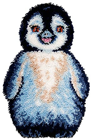 SxLingerie Knüpfteppich Knüpf-Sets Zum Selber Knüpfen Für Erwachsene DIY Unvollendeter Häkelteppich Garnkissen-Set Stickerei Teppich Zottiger Pinguin Bedruckte Musterleinwand 52X33cm