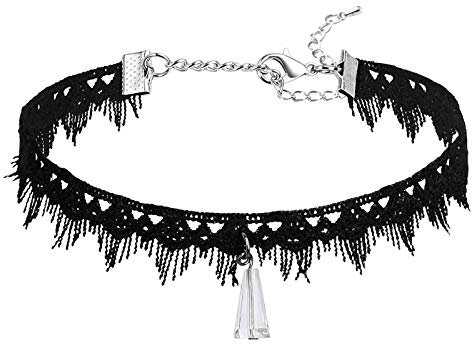 Gualiy Choker Gothic Halsband Damen Einstellbar Samt Spitze Halsband Hohl Tassel Muster Maskenspiel Kropfband Klassische Damenkette Weiß Schwarz, 29.5CM