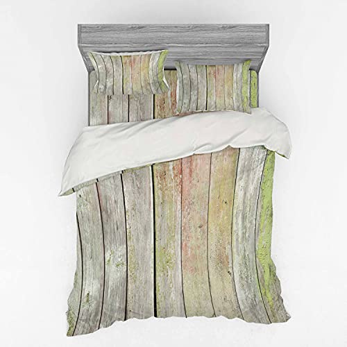 Ambesonne Fence Duvet Cover Set, Old Painted Hardwood Planks Vintage Weathered Grunge Toned Garden Background, 4 Piece Bedding Set with Shams and Fitted Sheet, Queen Size, Pale Sage Green