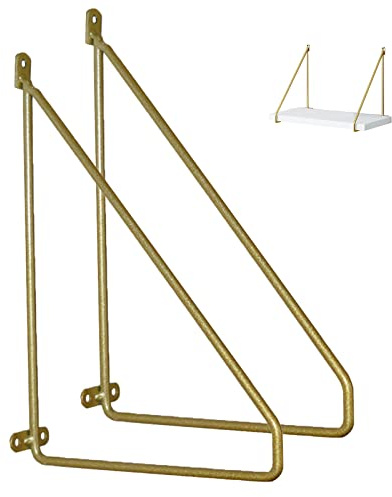 2 Stück Eisen Metall Regalhalterungen Schwerlast Dekorative Dreiecks Regalträger Durchmesser 8 MM Wandmontage Schwimmende Wandregal, Gold, Max Belastung 150 kg (200mm/7.9in)