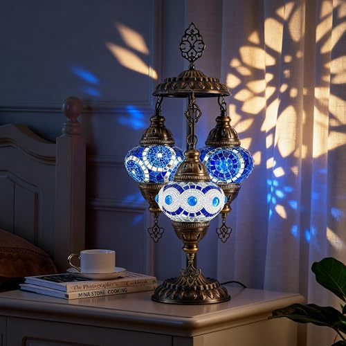 Mozaist Turkish Mosaic Lamp with Bulb – 3 Light Moroccan Table Lamp (Blue & White)