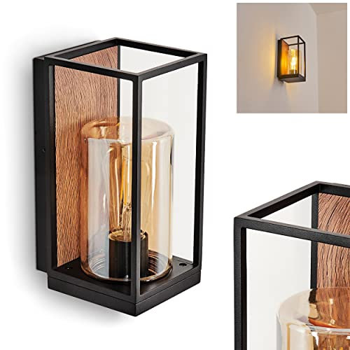 Außenwandleuchte Palanga, Außenleuchte aus Metall in Schwarz/Holzoptik/Braun u. 2 Gläsern (Bernsteinfarben/Klar), Wandlampe für Terrasse/Eingangsbereich, 1 x E27 max. 40 Watt, mit tollem Lichteffekt