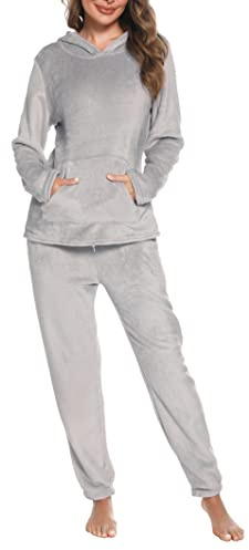 Lovasy Pigiama in Pile Donna Invernali Pigiami Due Pezzi a Maniche Lunghe | con Cappuccio Set Pigiama Caldo Comodo e Soffice con Tasche