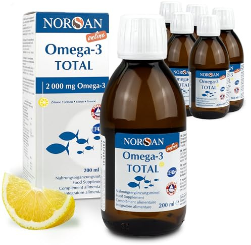 NORSAN Premium TOTAL Zitrone Omega 3 Öl - 2.000 mg Omega 3-6x 200ml | 1.040 mg EPA & 600 mg DHA pro Portion - 800 IE Vitamin D3 - Fischöl aus nachhaltigem Wildfang - gereinigt von Schadstoffen