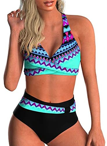 Traje de Baño para Mujer Estampado Floral Cuello en V Dos Piezas Conjunto Bañador Bañador de Dos Piezas Conjunto de Bikini de Cintura Alta Top Acolchado con Volantes
