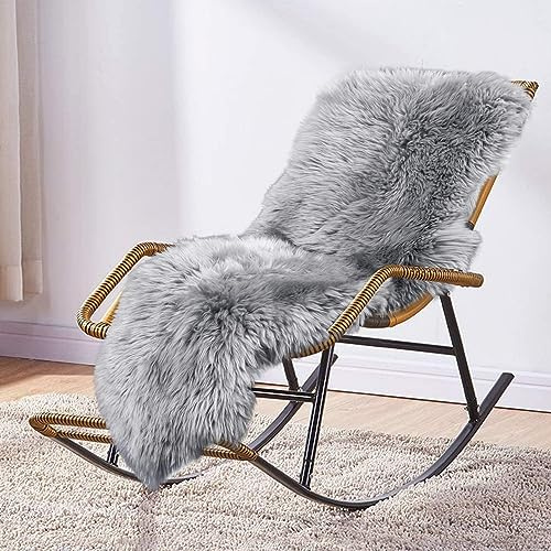 Lammfell Teppich Schaffell echt groß 180X60cm schafsfelle Grau | weiche und Flauschige Decke Sitzfell Bett-Vorleger oder Matte für Wohnzimmer Stuhl Sofa