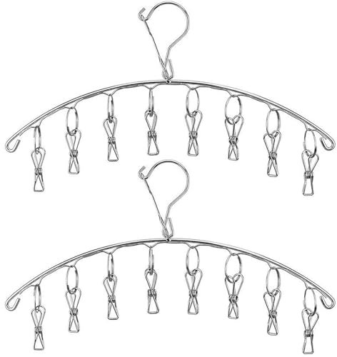 Tendedero de acero inoxidable con gancho resistente al viento, percha para ropa interior, perchas con 8 clips para secar calcetines, toallas, pañales, sujetadores, ropa de bebé, guantes (paquete de 2)