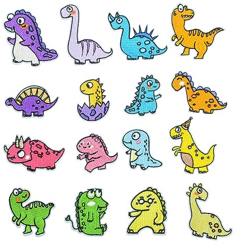 CYWQ 16 Stück Dinosaurier-Thema, bestickte Aufnäher zum Aufnähen / Aufbügeln für Jacken, Jeans, Hosen, Rucksäcke, Kleidung