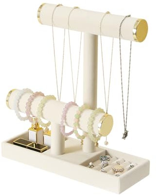 Pangkeep Schmuckhalter, 2-stöckig, Organizer für Halsketten, Armbänder, mit Ablage, Schmuck-Displays zum Verkauf von Armreifen, Haargummis, Uhren und Ketten (Beige)