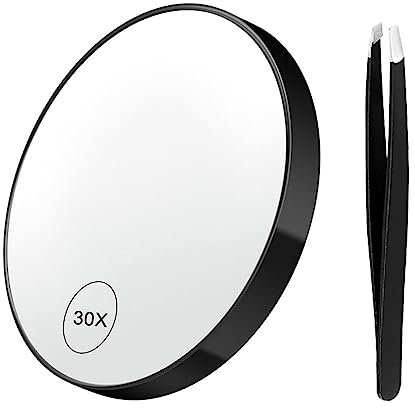 XUSANSO 30X Magnifying Mirror, 3.5 inches Magnified Makeup Mirror with Suction Cup and Tweezers,Travel Bathroom Mirror Stick on Shower Mirror for Plucking Eyebrows