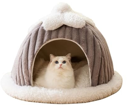 Samnuerly katzenhöhle Filz Katzenhaus für Draußen Winterfest mit Cartoon süßes Katzenhaus, kleines Katzenzeltbetthaus mit abnehmbarem waschbarem Kissen gemütlich (Grau M)