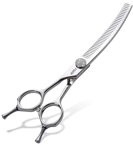 FOGOSP Professional Left Handed Curved Comb Thinner Dog Grooming Scissors 7.0'' Curved Thinning Shears for Dogs Pet 56 Teeth 50% Thinning Rate Japan VG10 Sharp and Durable