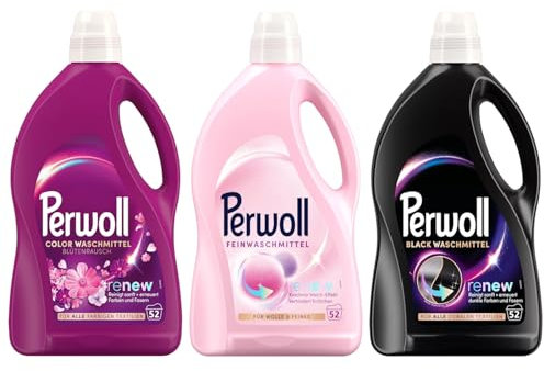 PERWOLL Flüssig-Set 3x 52 Waschladungen (156WL) 1x Black & 1x Color Blütenrausch & 1x Für Wolle & Feines, Feinwaschmittel-Set reinigt sanft, mit Dreifach-Renew-Technologie