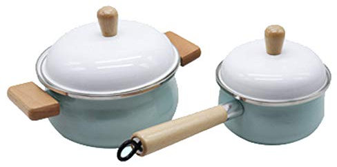 Olla para cocinar, Juego Olla esmaltada y Olla para Leche, Mango Madera, Gran Capacidad, con Tapa, fácil Limpiar, Apta para Llamas Abiertas/cocinas inducción