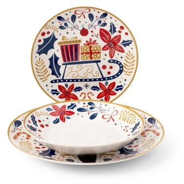 H&H, Servizio tavola 18 pezzi Jolly, Set tavola completo, piatti natalizi, in new Bone China, decori e colori natalizi, lavabile in lavastoviglie