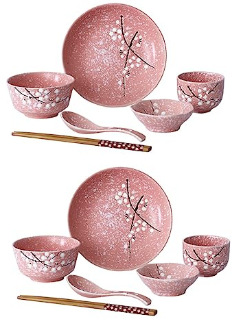 Amosfun Ensemble De Vaisselle Japonaise 12 Pièces Rose Bol, Assiette Et Cuillère En Céramique, Couverts Maison, Kit De Vaisselle Complet Pour Repas Quotidiens