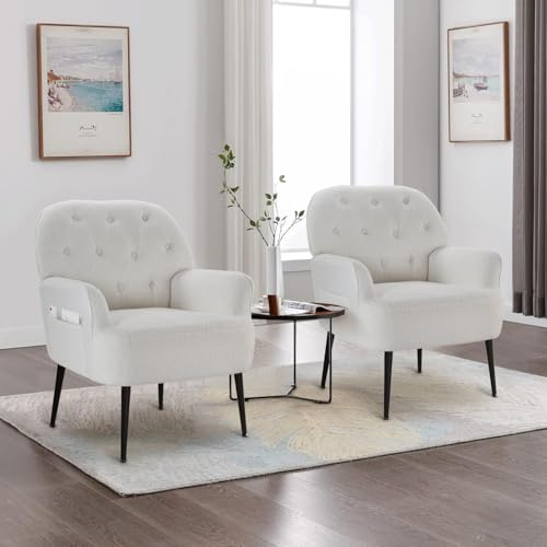 IWMH Fåtölj för vardagsrum, fluffigt teddytyg, accentstol för sovrum, clubfåtölj, lässtol, bekväm stor extrastol i 1950-talsstil, metallben (2 st. vita)