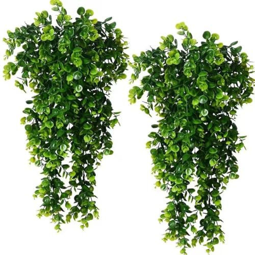 AQCQDQ 2 Stück Hängepflanze Künstlich, Kunstpflanze Hängend, Künstliche Pflanzen Hängend Farne, Plastikpflanzen für Wohnzimmer Küche Balkon Garten Schlafzimmer Deko (Eukalyptus)