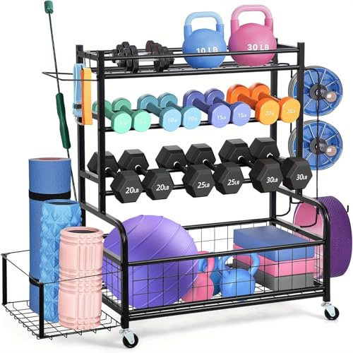 LESBJFDM Hantelständer, Hantelablage Home Gym, Kurzhantelständer Hantelablage Langhantel, Yogamatte Aufbewahrung Mit Rädern Und Haken, Aufbewahrungshalter für Kettlebell, Yogamatte, Home Gym