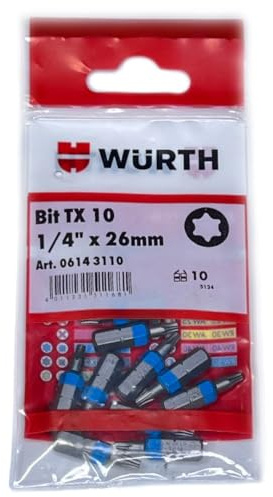 Würth 10x TX10 Bit 1/4 Zoll x 26mm TX 10 C 6,3 Antrieb Schrauben 06143110 Innensechskant
