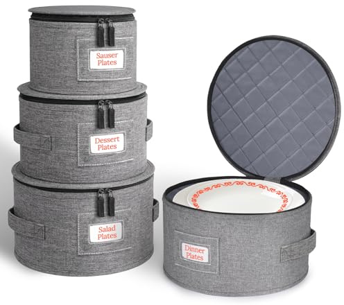 Cirhy Hard Shell China Storage Containers 4-Piece Set - Reinforced Hard-Sided Moving Boxes for Dinner Plates, Bowls & Saucers - Stackable Dish Packing Protectors with 48 Felt Dividers