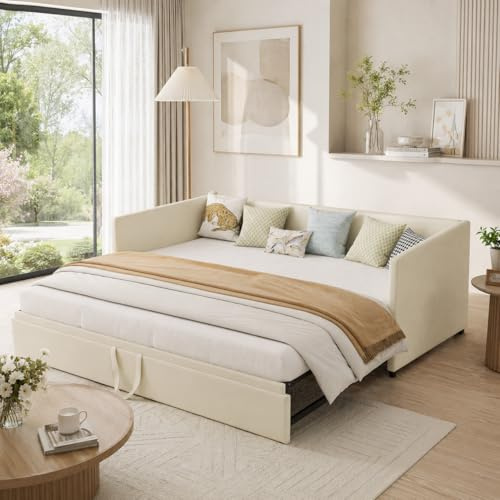 DAHUEN Schlafsofa 90/180x200cm, 3-in-1 ausziehbett mit lattenrost, ausziehbares tagesbett für Wohnzimmer und Schlafzimmer, ohne matratze, Flanell, Beige