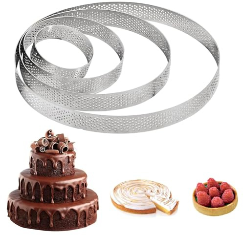 Xanewza Lot de 4 Cercle à Tarte Anneau à Tarte de Pâtisserie en Forme de Cercle, Cercle à Patisserie en Acier Inoxydable, Perforés pour Gâteaux en Mousse (6/10/15/20cm Cercle)