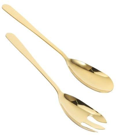 Cabilock 2 pièces Set de Couverts Salade Acier Inoxydable Fourchette et Cuillère Épaisses Allongées Ustensiles de Service Polyvalents pour Table Buffet et Camping Dorées