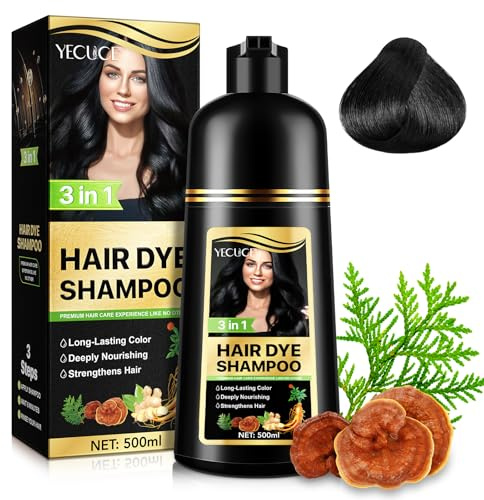 Haarfärbeshampoo 3in 1, Herbal Ingredients, Natürliches Sofort Haarfarben Shampoo, Haarfarbe Shampoo Gegen Graue Haare Abdecken, Sofortiges Haarfärbeshampoo 500ml (Black)