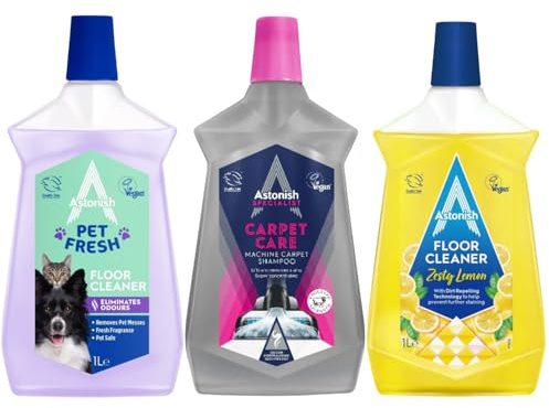 Astonish 3 Floor Cleaner Liquid Bundle 1L Each, Zesty Lemon, Vac Maxx Machine Carpet Shampoo & Pet Fresh, Powerful Multi-Surface Cleaning, Odour Eliminator, Long-Lasting Fresh Fragrance, Hygienic Shin