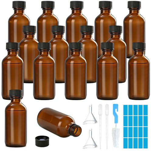 Amentalove 16 Stk 60ml Braunglasflasche, Ätherische Ölflaschen zum Befüllen, Boston Braune Apothekerflasche mit Kappen Trichter, Leere Braunglasflasche für Hausgemachte Extrakte, ätherische Öle