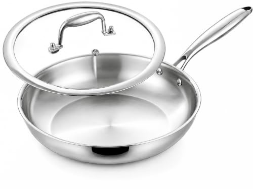 Nontoxicook 28cm 5-Ply Stainless Steel Frying Pan with Lid | Professional Uncoated Skillet for Even Heating, Suitable for All Hobs Including Induction and Oven Safe to 315°C