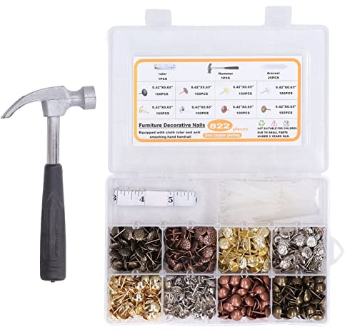 Chiodi Decorativi per Imbottitura 822 Pezzi, 8 Colori in Acciaio al Carbonio, Set con Martello, Righello in Tessuto e Supporto per Mobili - Resistenza alla Ruggine, Facili da