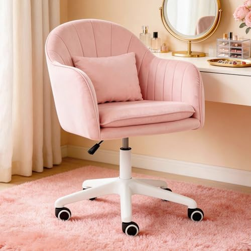 Erlium Ergonomischer Bürostuhl, 360° drehbar Höhenverstellbar, SamtStuhl mit Kopfkissen, Homeoffice Stuhl bis 250 PFD Belastbar, Schminktisch Stuhl, für Studierzimmer, Schlafzimmer, Wohnzimmer, Rosa