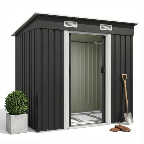 JUMMICO Metall Gerätehaus 3.63m³ Geräteschuppen 183x109x182cm, Gartenschuppen mit Fundament und Schiebetüre, Gartenhaus für Gartengeräte und Mülltonnen, Schwarz