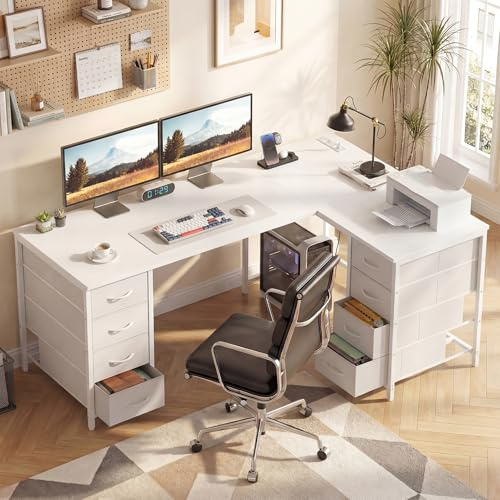 YOUDENOVA Schreibtisch L-Form, 150×100 cm Eckschreibtisch mit 8 Schubladen, Computertisch mit Steckdose und USB-Ladeanschluss, Bürotisch für Arbeitszimmer Weiß