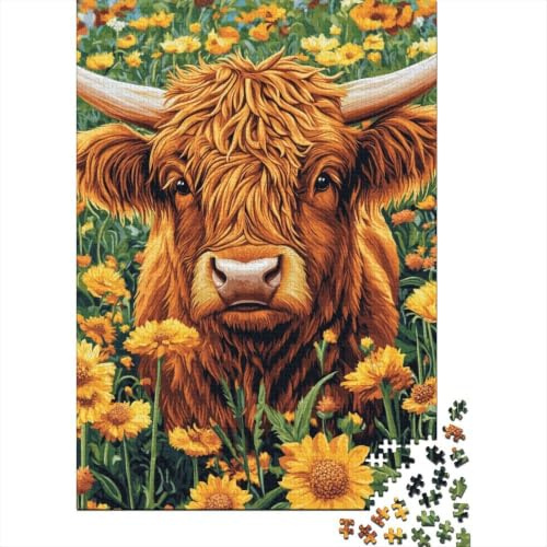 Mucca Highland Puzzle 1000 Pezzi Carta per Adulti Prato Fiorito Gioco di Puzzle 1000 Pezzi Relax Decorazione Regalo 52x38cm/1000pcs