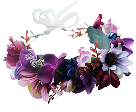 Floral Crown Headband Flower Garland Headband Hair Wreath Hair Garland Flower Halo Floral Headpiece Boho with Ribbon Wedding Party Festival Purple, One Size