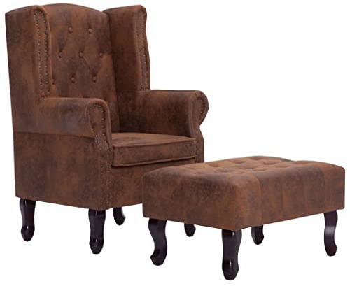 vidaXL Poltrona Chesterfield con Pouf Ottomana Scamosciata Relax Elegante Imbottita Seggiola con Poggiapiedi Marrone in Similpelle